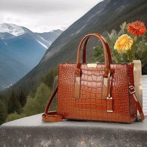Womens Handbag Tote Bag Capacity Fashion Crocodile Style Leather Zip Brown